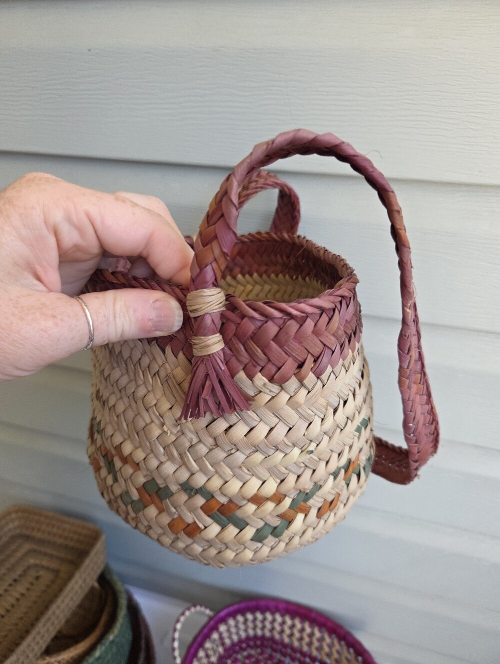 Woven basket with long handle hanging bag with cut see pictures multicolor